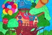 树屋树洞森林里的小动物创意主题儿童画
