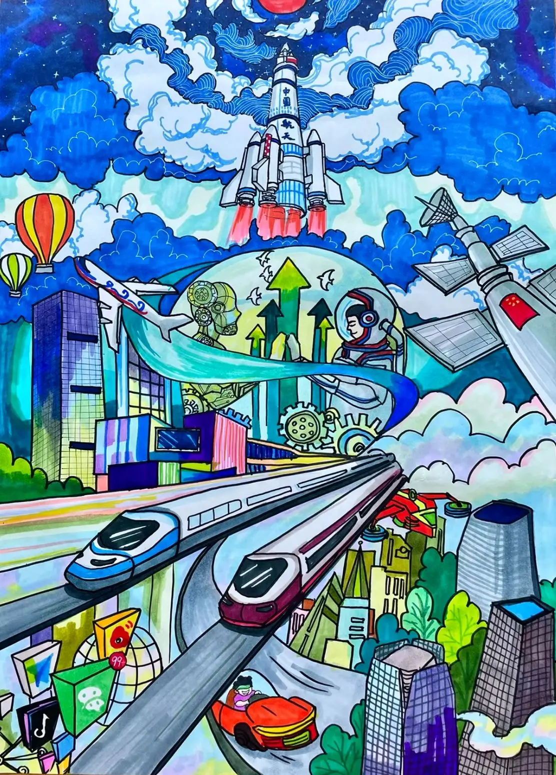 未来科技科幻画通讯5G新能源幻想主题创意儿童画  第3张
