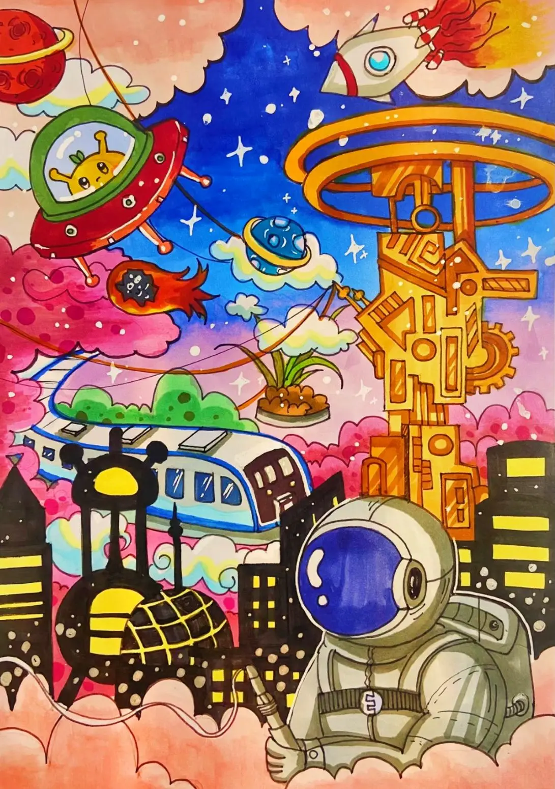 未来科技科幻画通讯5G新能源幻想主题创意儿童画  第6张