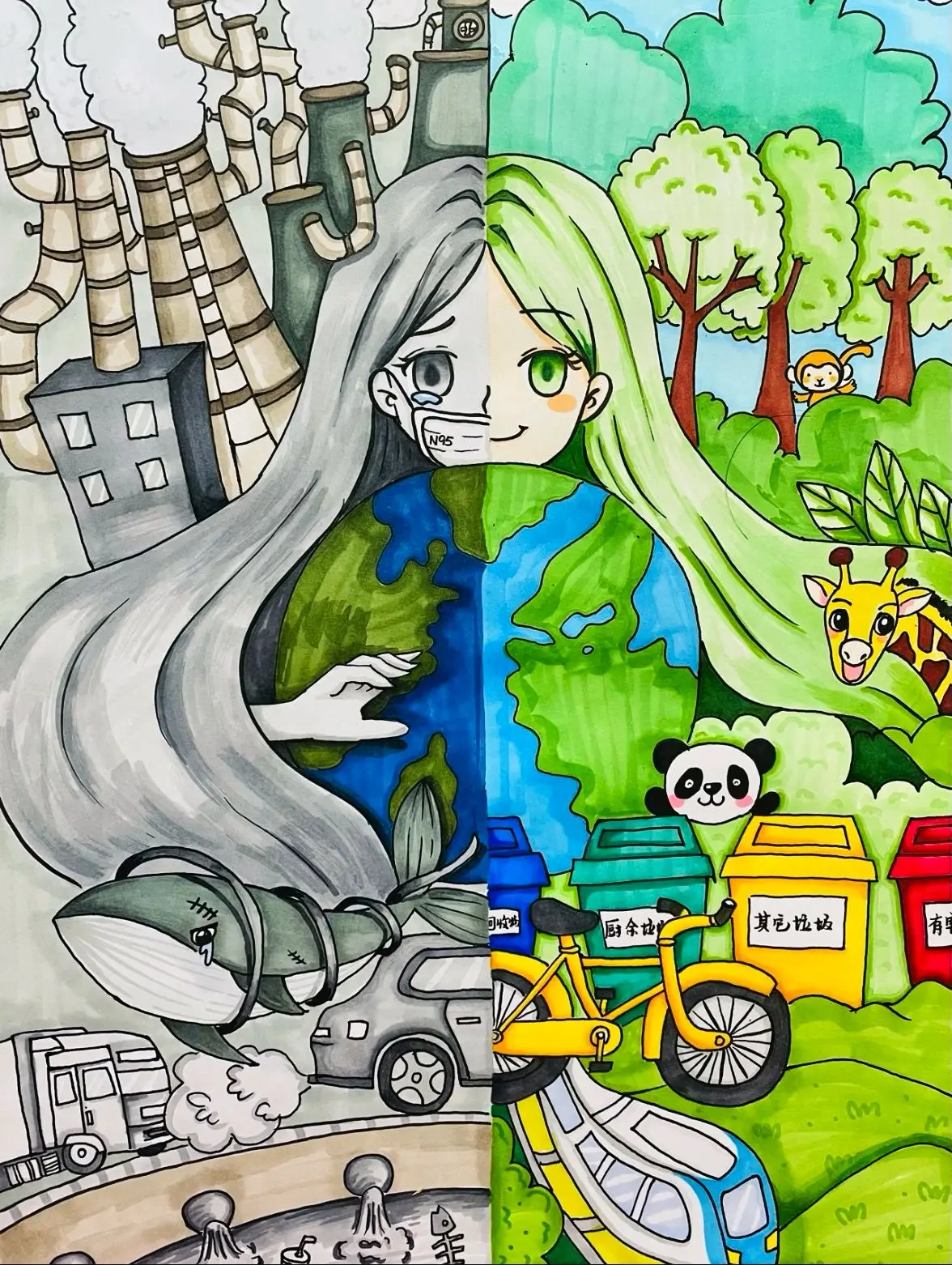 低碳环保主题创意儿童画垃圾分类绿水青山  第2张